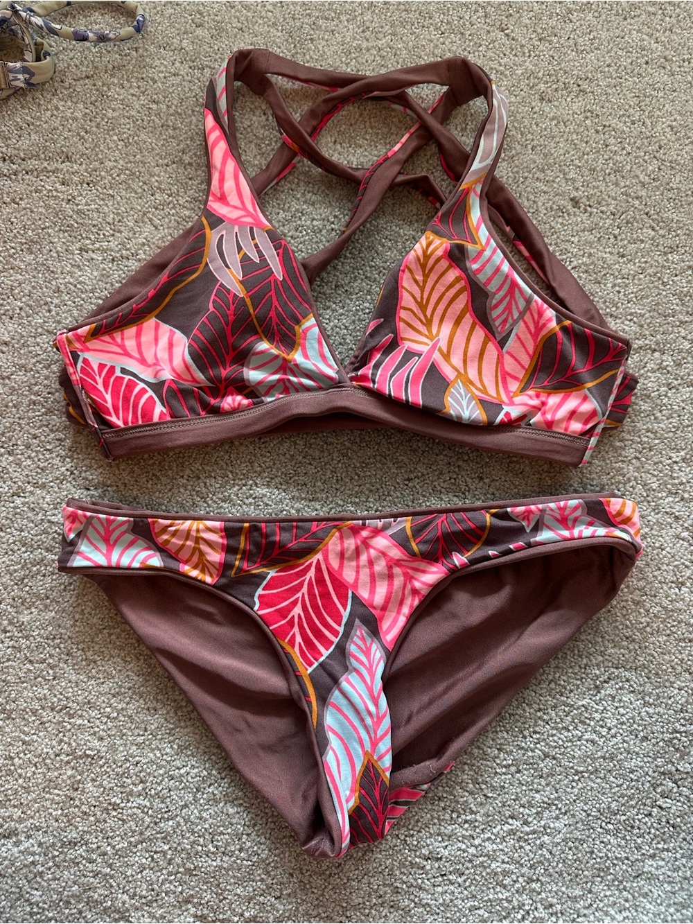 Maaji Brown Bikini with Pink and Coral Leaf Print